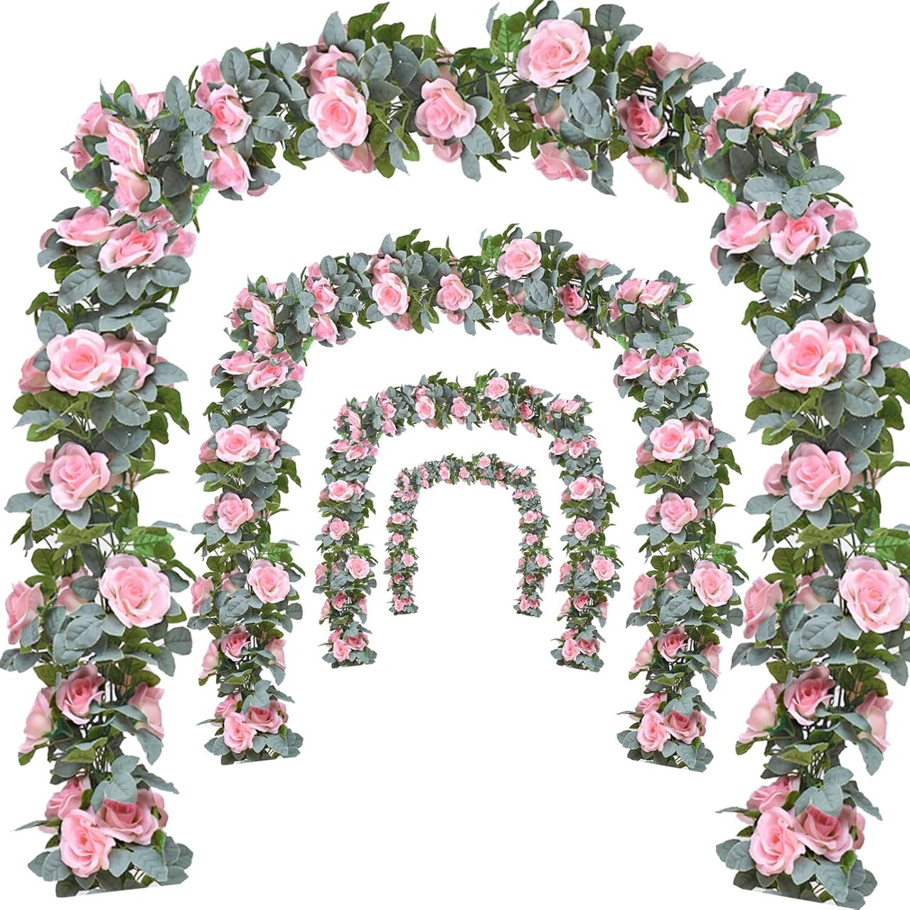 Flower Garland Rose Vine – 4Pcs 28FT Artificial Floral Garland with Green Leaves, Hanging Rose Vine for Wedding, Party, Garden, and Home Wall Decor (Light Pink)